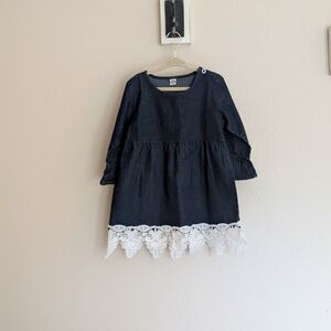 Dark wash blue denim Long sleeve dress with eyelet lace trim hem size 3T